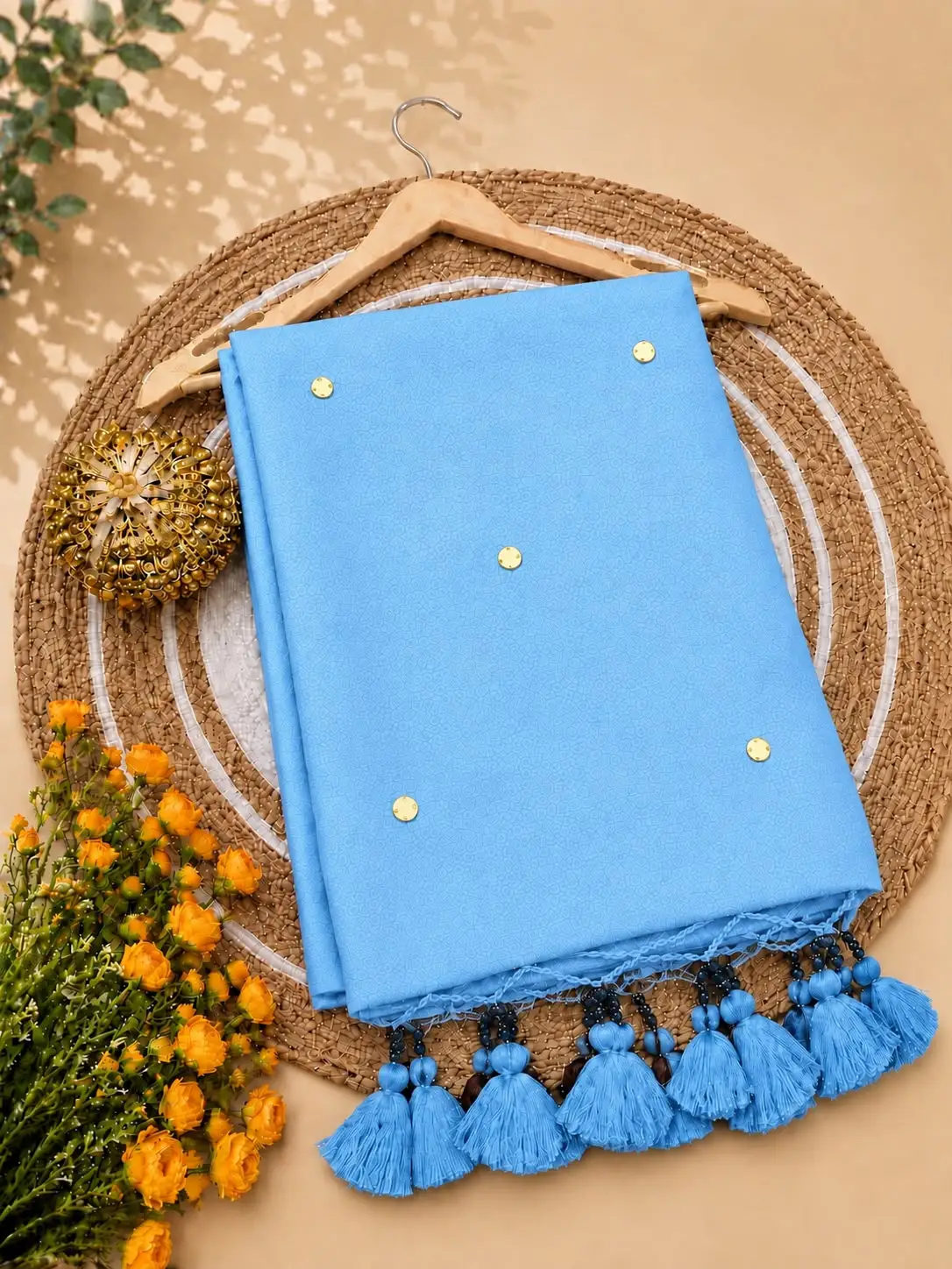 Plain Gini Work Tassel Khadhi Cotton Saree